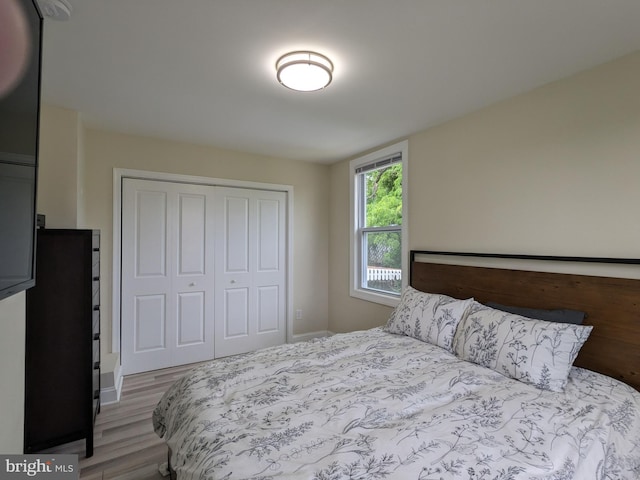 bedroom featuring light hardwood / wood-style flooring and a closet