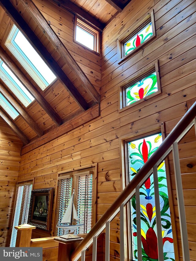 room details featuring wood ceiling, wood walls, a skylight, and beam ceiling