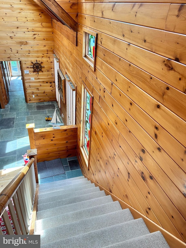 stairway with wooden walls