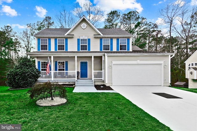 colonial inspired home with a garage, a front lawn, and covered porch