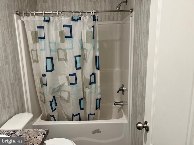 bathroom with toilet and shower / bathtub combination with curtain