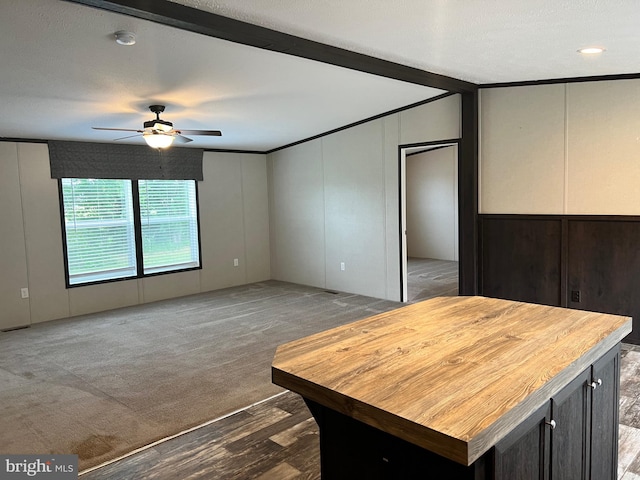 interior space with ceiling fan, a kitchen island, carpet floors, and a textured ceiling