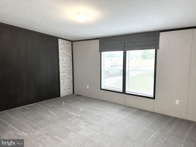 carpeted empty room featuring a textured ceiling