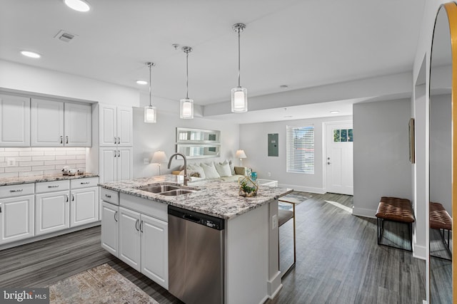 kitchen with decorative light fixtures, white cabinets, dark hardwood / wood-style floors, a center island with sink, and dishwasher