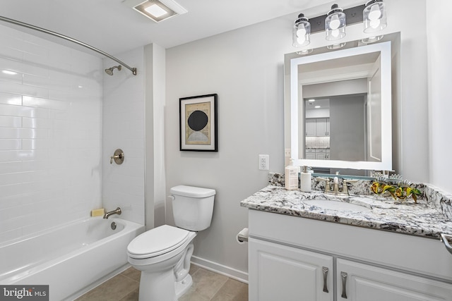 full bathroom featuring tile floors, shower / bathing tub combination, vanity with extensive cabinet space, and toilet