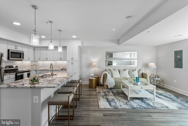 kitchen featuring light stone countertops, decorative light fixtures, stainless steel appliances, sink, and dark hardwood / wood-style flooring