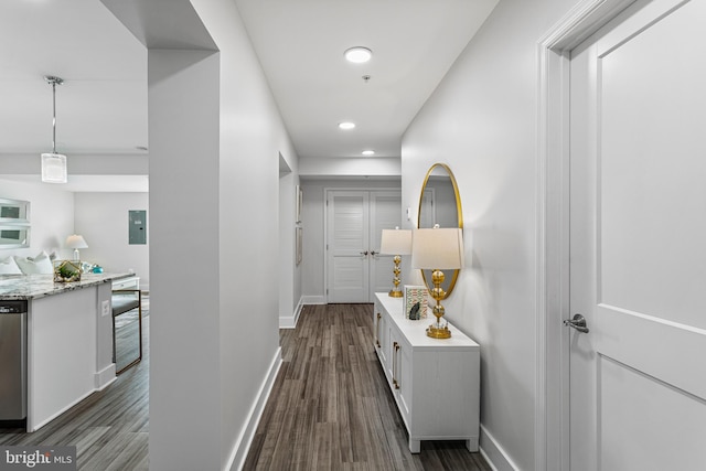 corridor featuring beverage cooler and dark wood-type flooring