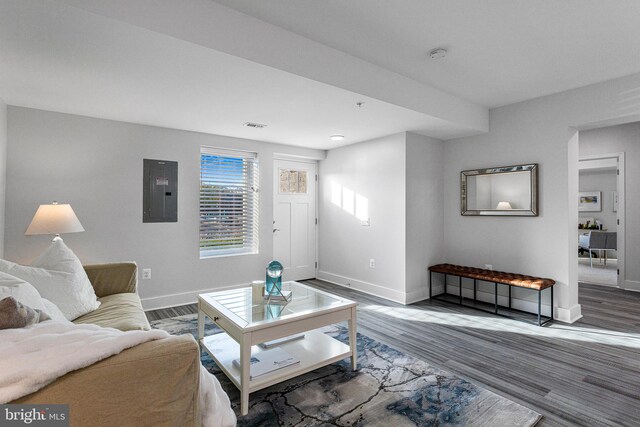 living room with dark hardwood / wood-style flooring