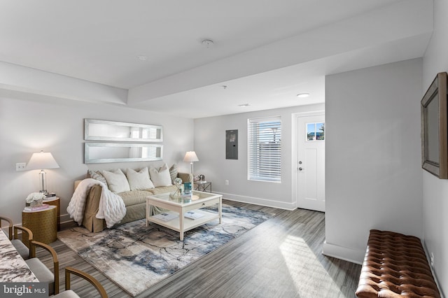 living room with dark wood-type flooring