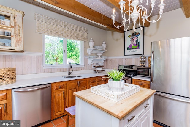 kitchen featuring beamed ceiling, sink, wood ceiling, a chandelier, and stainless steel appliances