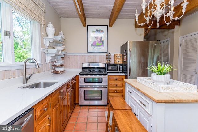 kitchen featuring plenty of natural light, beam ceiling, stainless steel appliances, and sink