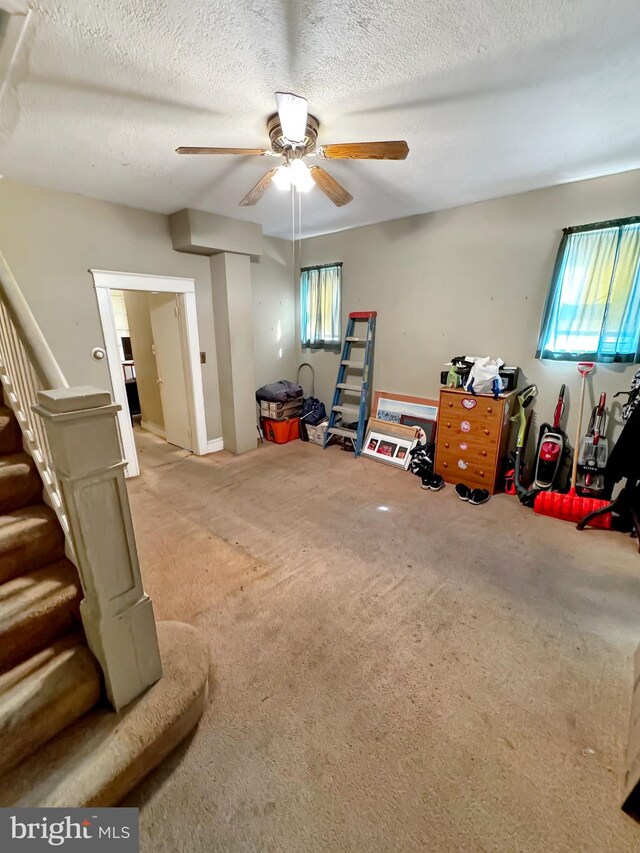 miscellaneous room with carpet, ceiling fan, and a textured ceiling