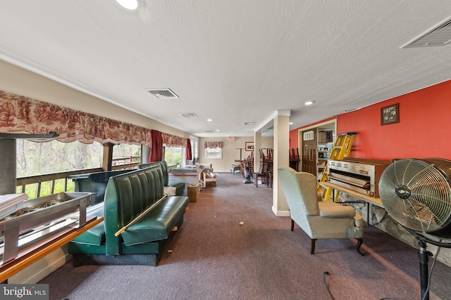 living room featuring a textured ceiling and carpet floors