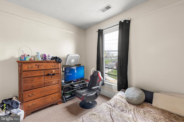 bedroom featuring a textured ceiling and carpet