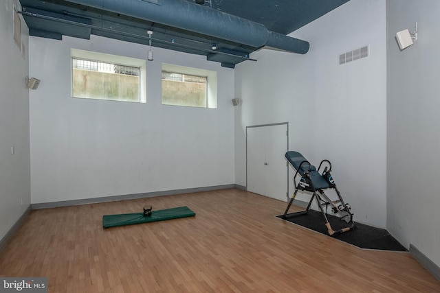 workout room with hardwood / wood-style floors