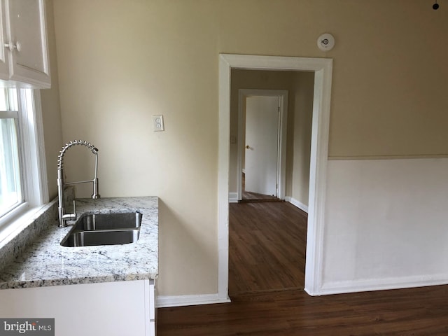 kitchen featuring dark hardwood / wood-style floors, sink, and light stone counters