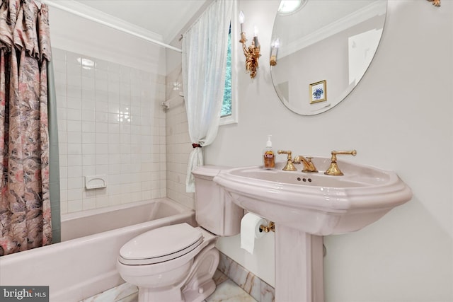 bathroom featuring crown molding, toilet, tile flooring, and shower / bath combo with shower curtain