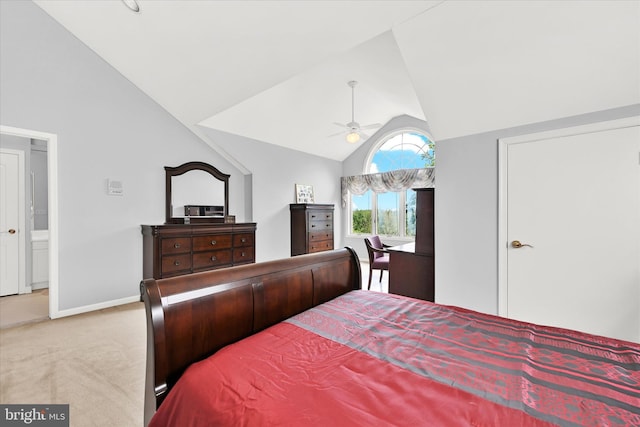 bedroom with vaulted ceiling, ceiling fan, and carpet floors