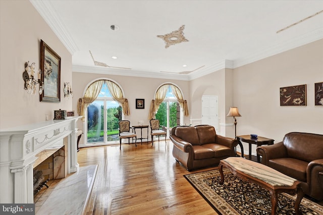 living room featuring crown molding and light hardwood / wood-style flooring