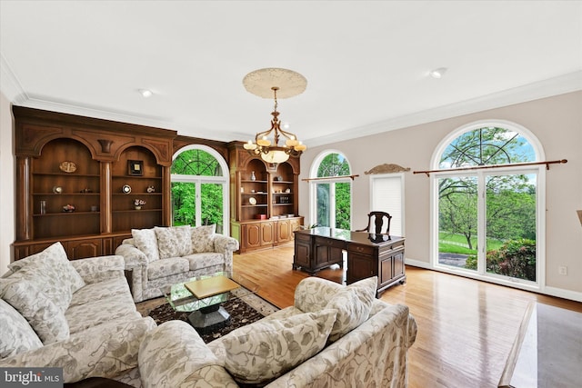 living room with ornamental molding and light wood-type flooring