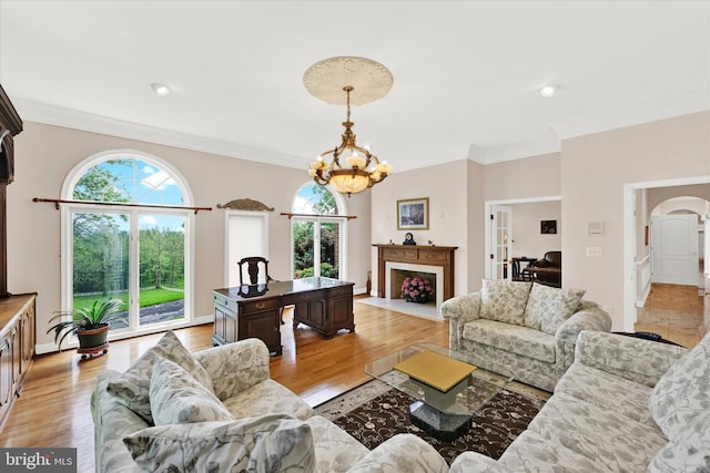 living room with a healthy amount of sunlight, light hardwood / wood-style floors, and crown molding