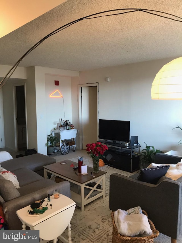 carpeted living room with a textured ceiling