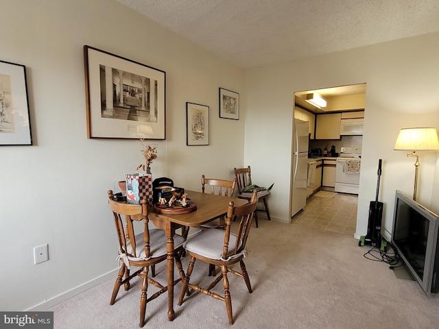 dining room with light carpet and a textured ceiling