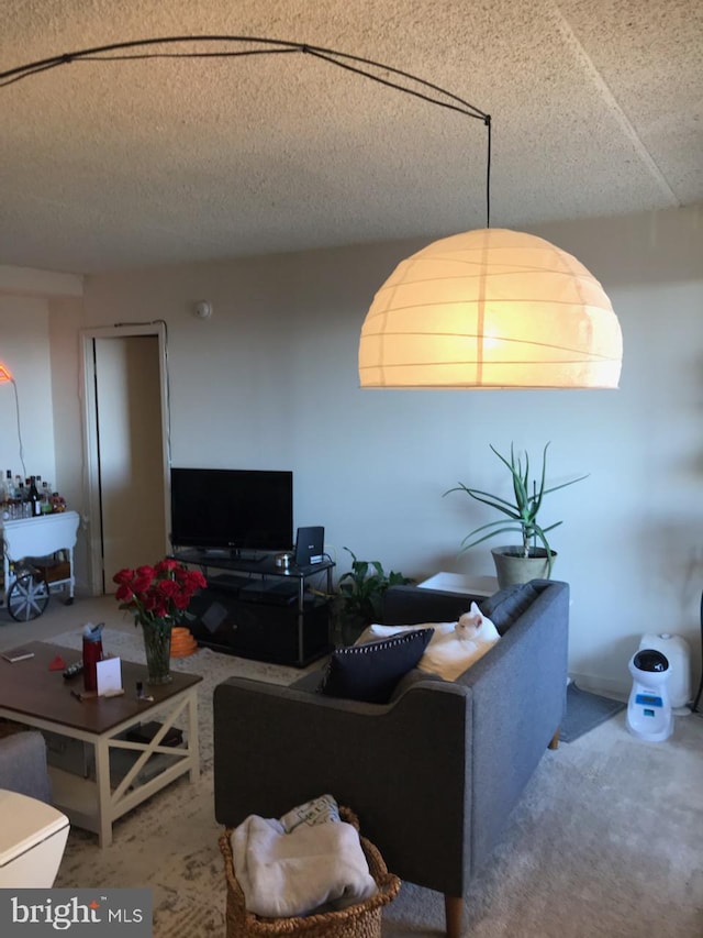 living room featuring carpet floors and a textured ceiling