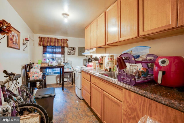 kitchen with premium range hood, dark tile flooring, and white electric stove