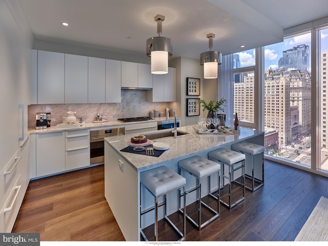 kitchen featuring dark wood-type flooring, stainless steel oven, backsplash, and a sink