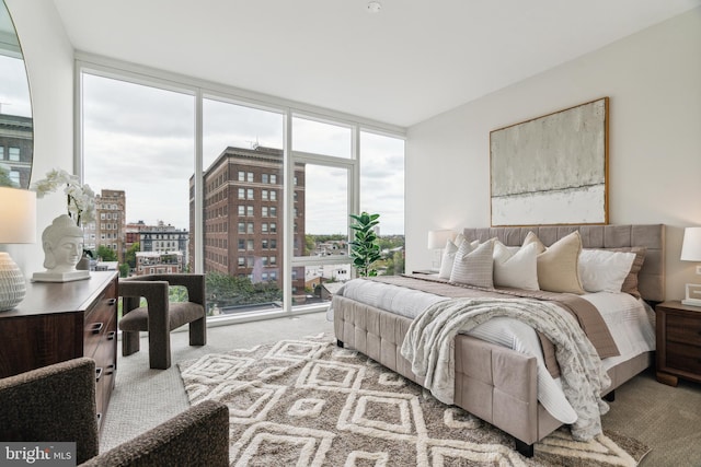 carpeted bedroom with floor to ceiling windows and a city view