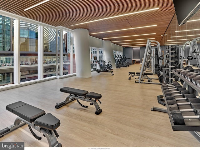 workout area with floor to ceiling windows, plenty of natural light, wooden ceiling, and light wood-type flooring