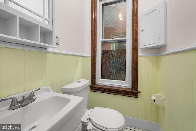 bathroom featuring toilet, wood walls, and sink