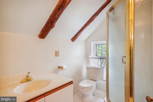 bathroom with lofted ceiling with beams, tile flooring, vanity, and toilet