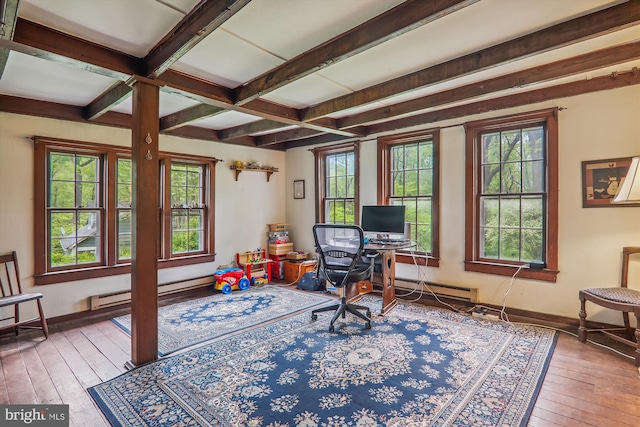 office area with hardwood / wood-style flooring, baseboard heating, and beamed ceiling