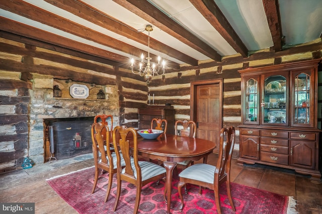 dining room featuring beamed ceiling, log walls, a stone fireplace, tile floors, and an inviting chandelier