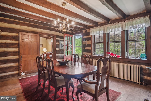 dining space with beamed ceiling, log walls, radiator, and an inviting chandelier