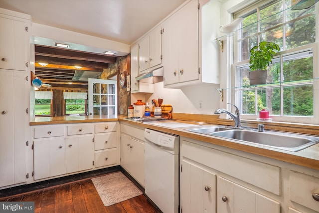 kitchen featuring dark hardwood / wood-style flooring, dishwasher, white cabinetry, and a wealth of natural light