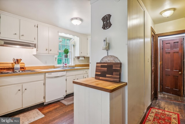 kitchen featuring white cabinetry, dark hardwood / wood-style floors, butcher block countertops, stainless steel gas stovetop, and dishwasher