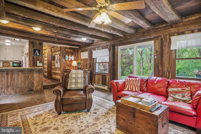 living room with baseboard heating, wood walls, beam ceiling, and ceiling fan