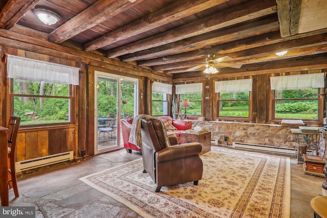 living room featuring baseboard heating, ceiling fan, beamed ceiling, and wooden ceiling