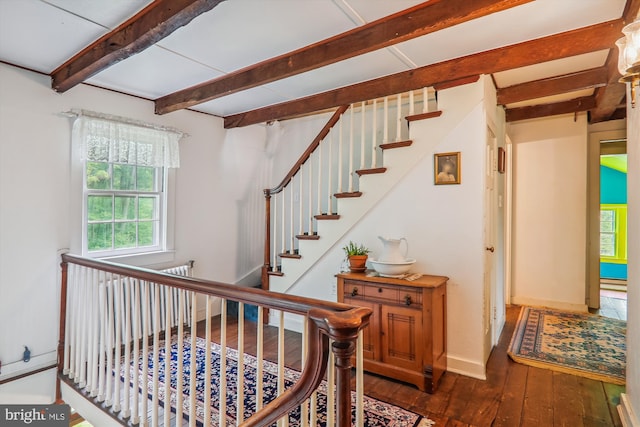 staircase featuring beam ceiling and hardwood / wood-style flooring