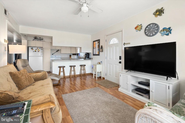 living room featuring visible vents, a ceiling fan, and light wood-type flooring