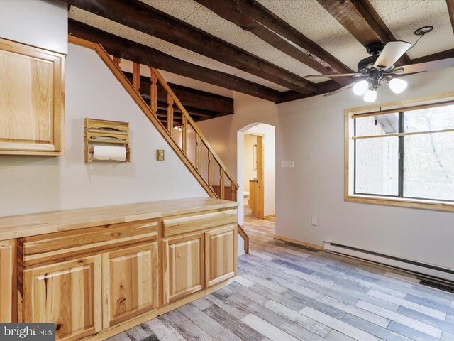 interior space with butcher block countertops, beamed ceiling, ceiling fan, light hardwood / wood-style floors, and a baseboard heating unit