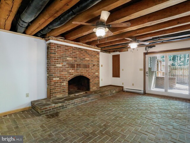 unfurnished living room with ceiling fan, a baseboard radiator, a fireplace, and beamed ceiling