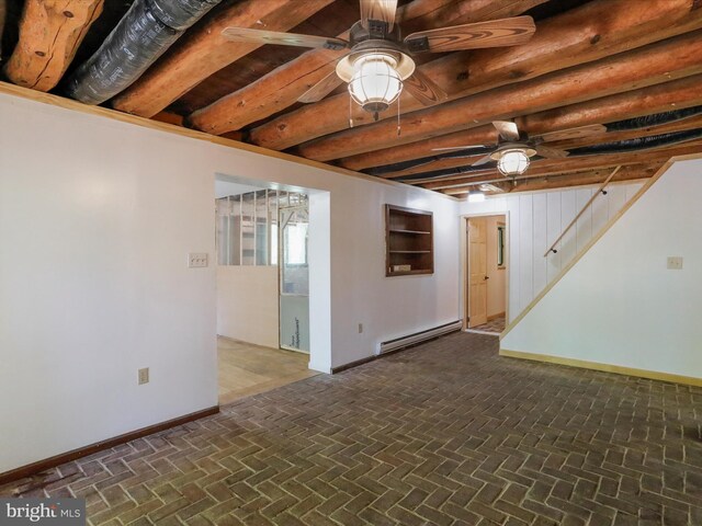 unfurnished room with beam ceiling, a baseboard radiator, and ceiling fan