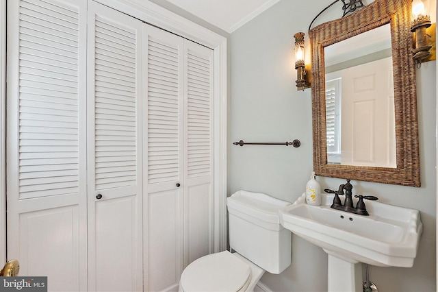 bathroom featuring toilet, ornamental molding, and sink