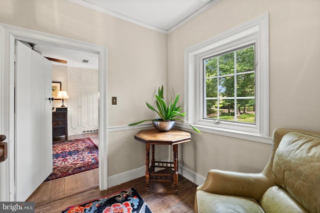 sitting room featuring dark hardwood / wood-style floors and ornamental molding