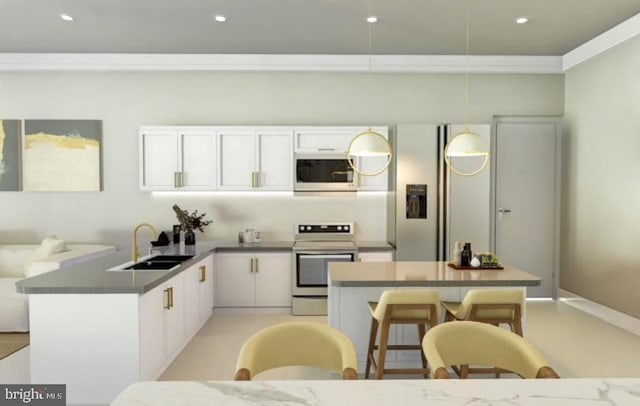 kitchen featuring sink, hanging light fixtures, stainless steel range with electric cooktop, ornamental molding, and white cabinets