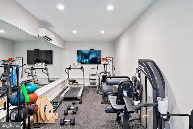 exercise area with carpet floors and a wall unit AC